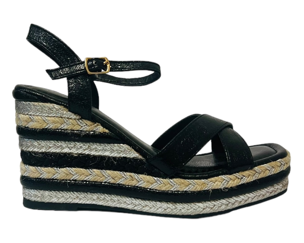 Ankle Strap Espadrilles Wedge Platform Sandals Black/Silver