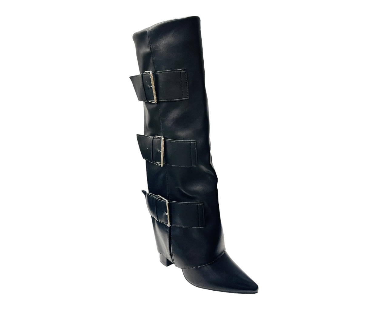 Faux Leather Buckle Strap Fold Over Boots