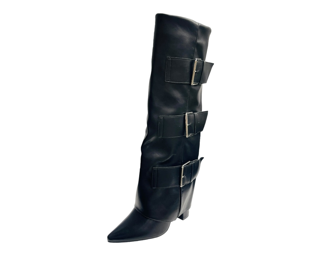 Faux Leather Buckle Strap Fold Over Boots
