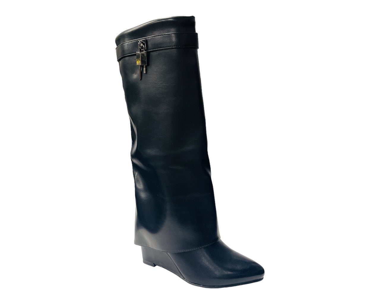 Faux Leather Fold Over Wedge Heel Boots