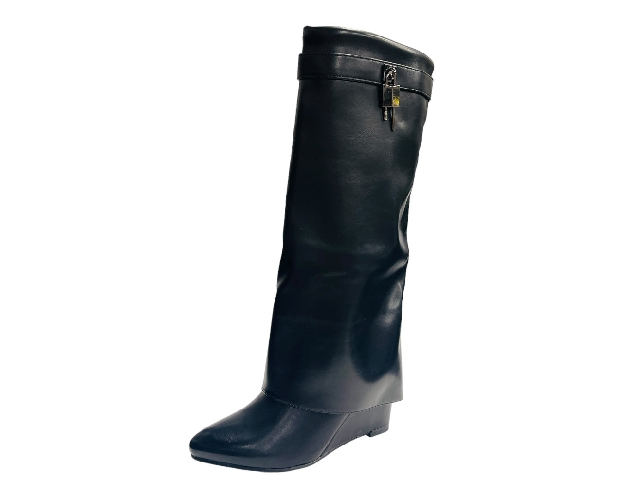 Faux Leather Fold Over Wedge Heel Boots