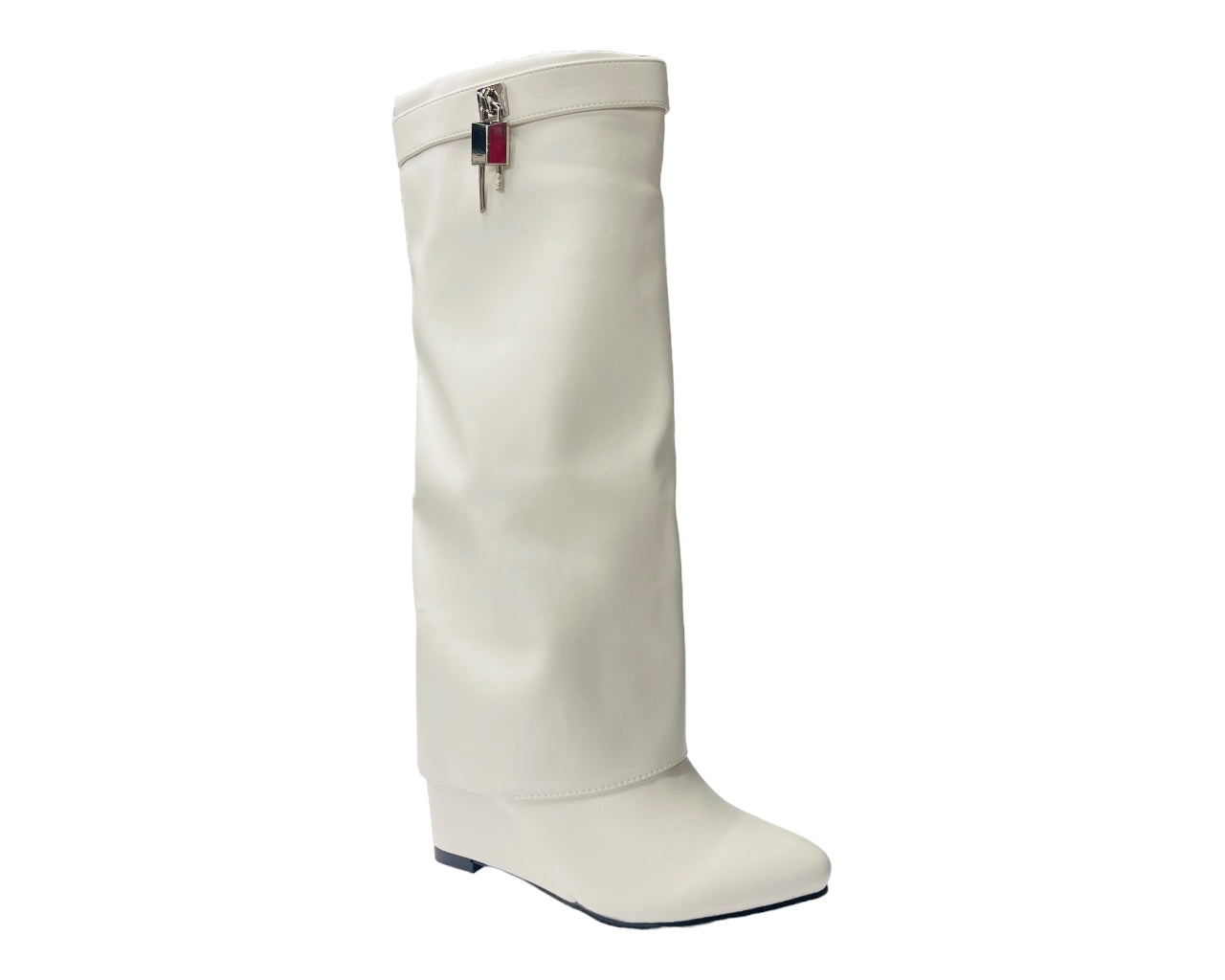 Faux Leather Fold Over Wedge Heel Boots