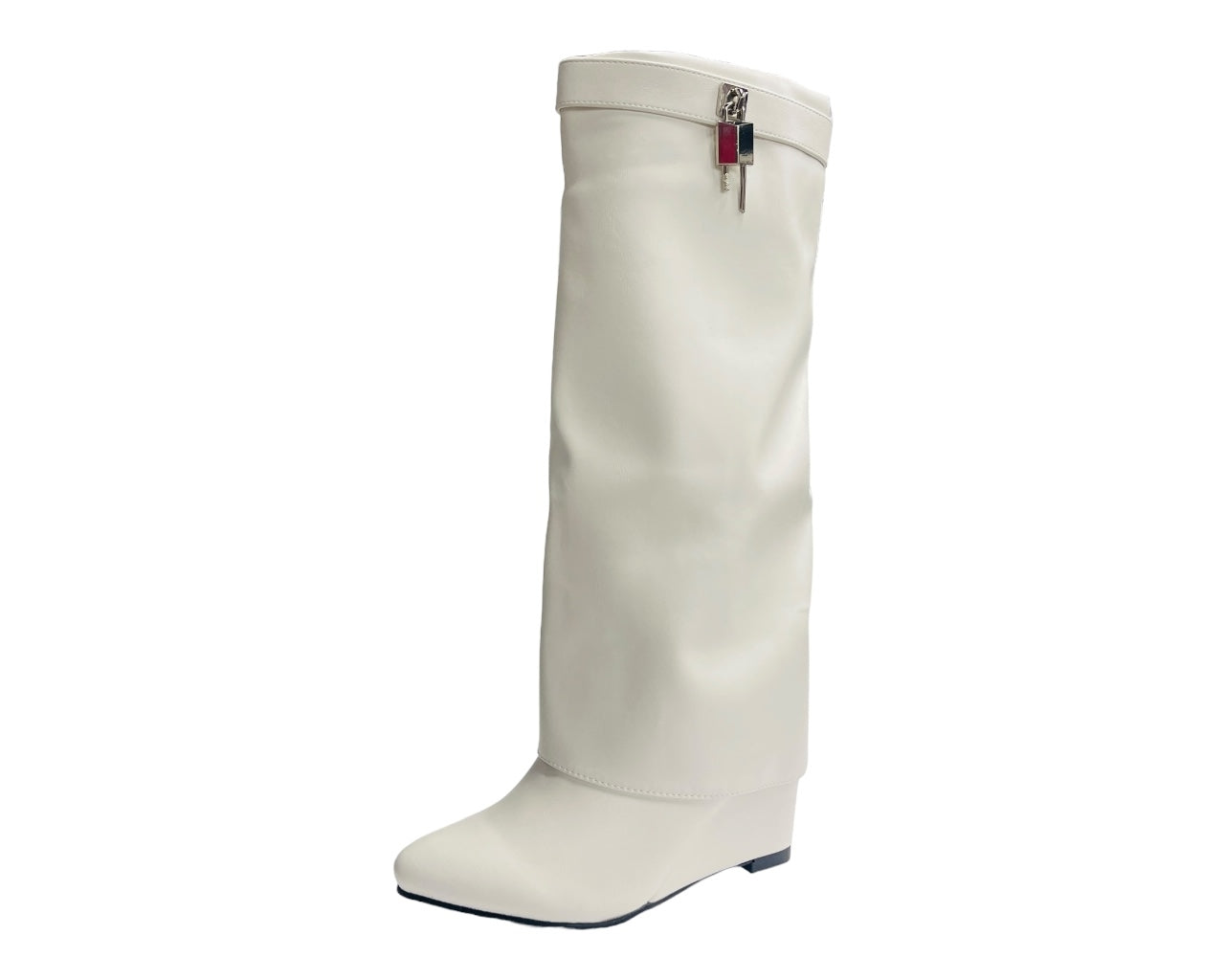 Faux Leather Fold Over Wedge Heel Boots