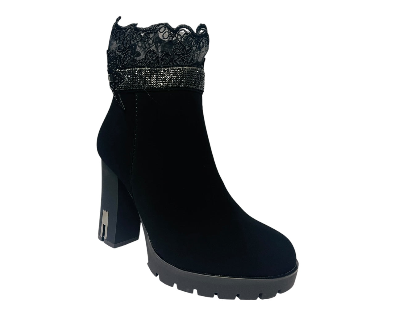 Block High Fabric Border Heels Zip Ankle Boots