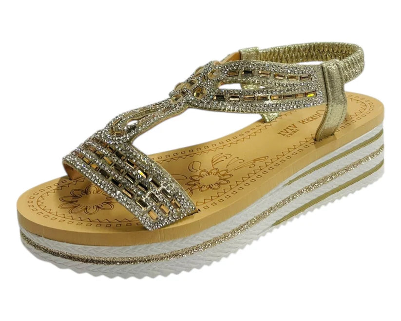 Women's Elastic Ankle Strap Diamante Wedge Sandals