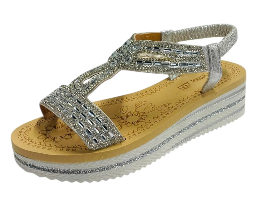 Women's Elastic Ankle Strap Diamante Wedge Sandals