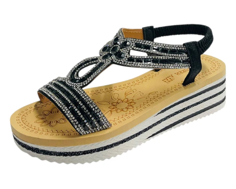 Women's Elastic Ankle Strap Diamante Wedge Sandals