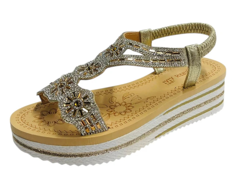 Women's Diamante Elastic Ankle Strap Wedge Sandals