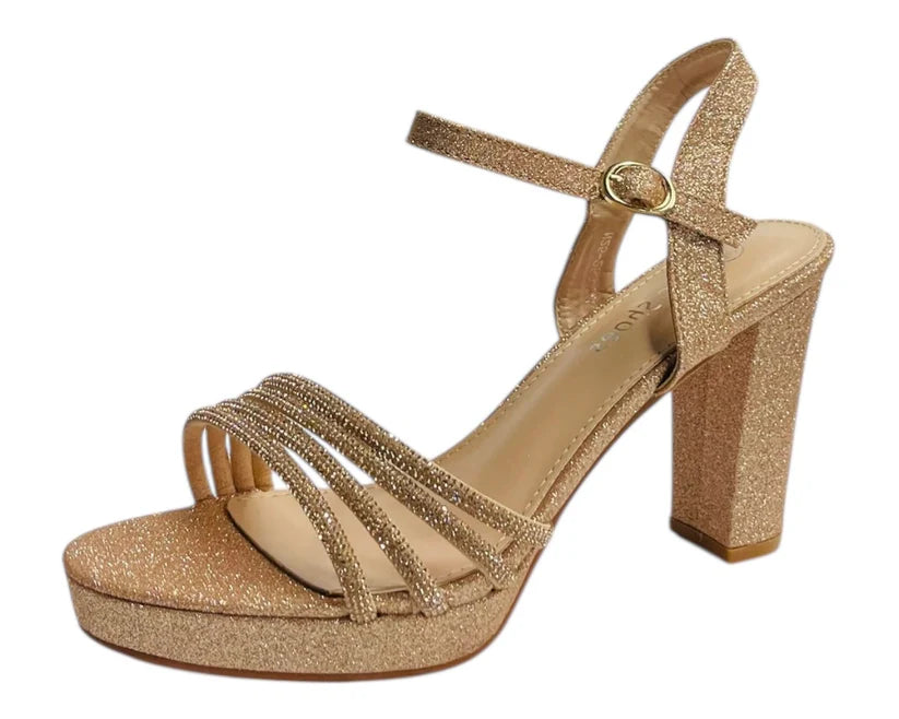 Diamante Block Heel Glitter Ankle Strap Shoes