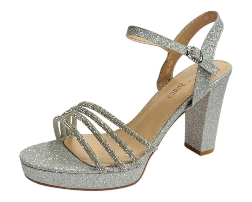 Diamante Block Heel Glitter Ankle Strap Shoes