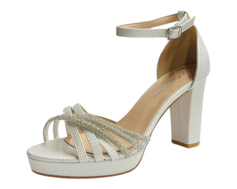 Diamante Block Heel Glitter Crossover Strap Shoes