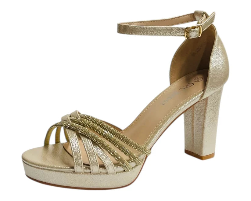 Diamante Block Heel Glitter Crossover Strap Shoes
