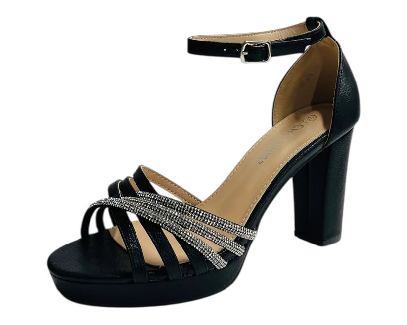 Diamante Block Heel Glitter Crossover Strap Shoes