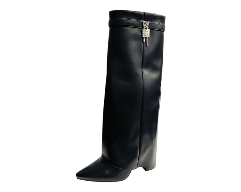 Fold-Over Knee-High Boots Featuring Padlock Accents and Block Heels