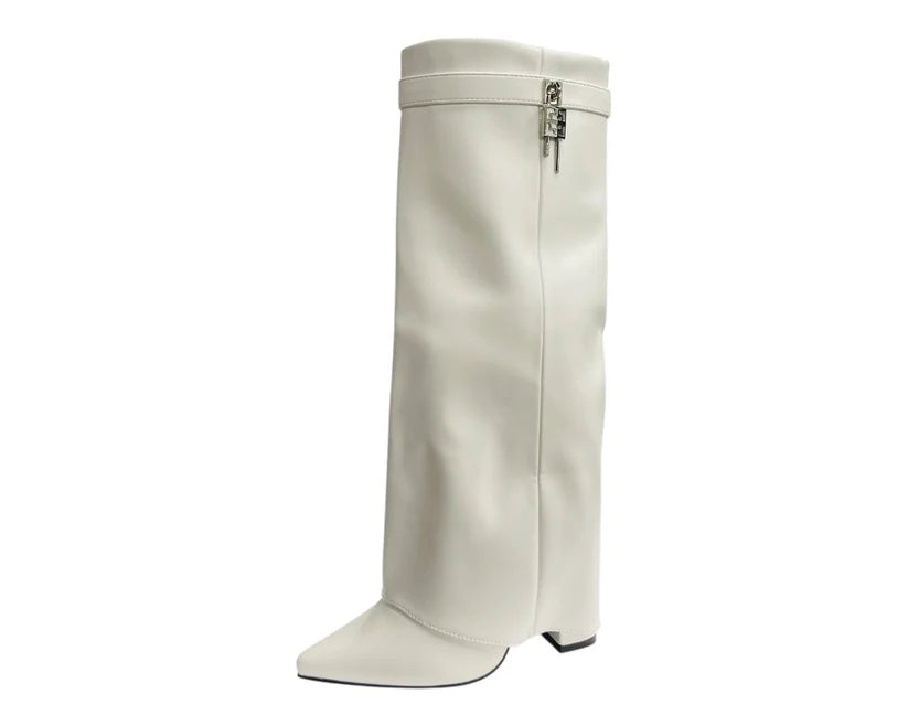 Fold-Over Knee-High Boots Featuring Padlock Accents and Block Heels