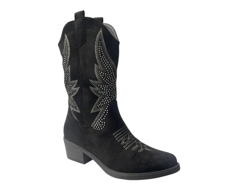 Embroidered faux suede cowboy-style ankle boots