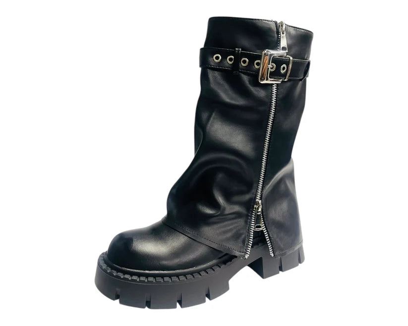 Mid-Calf Biker Boots with Chunky Soles, Zipper Closure, and Fold-Over Detail