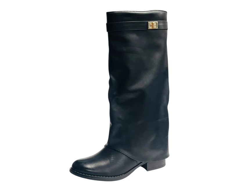 Knee-high faux leather boots with a fold-over design and flat sole