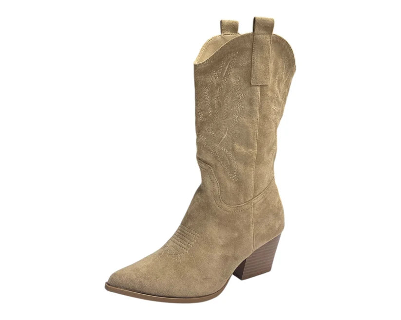 Mid Calf Embroidered Faux Suede Cowboy Boots