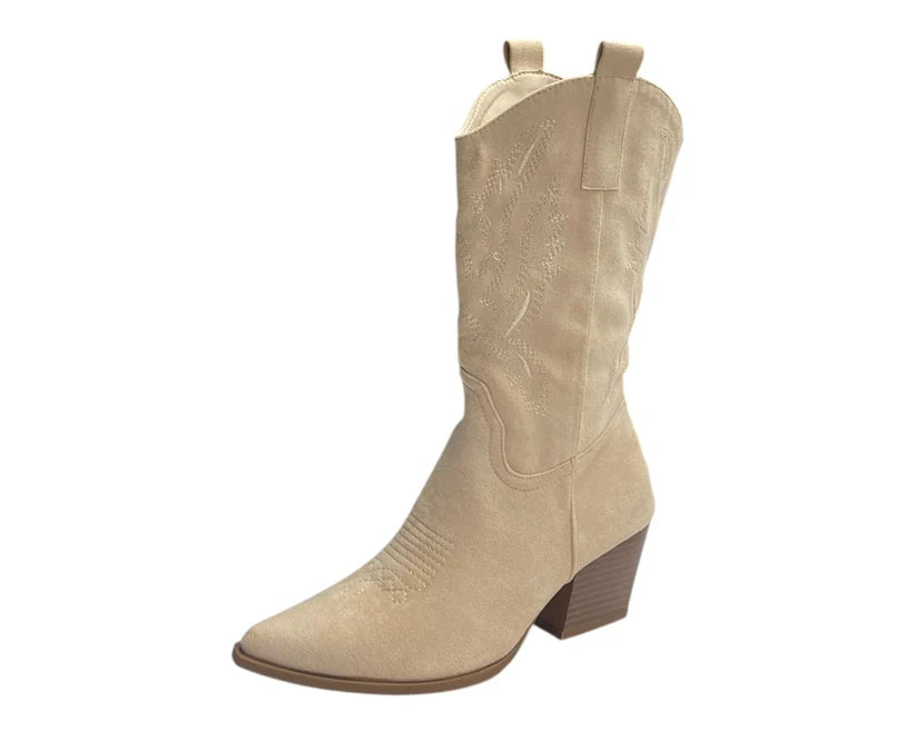 Mid Calf Embroidered Faux Suede Cowboy Boots