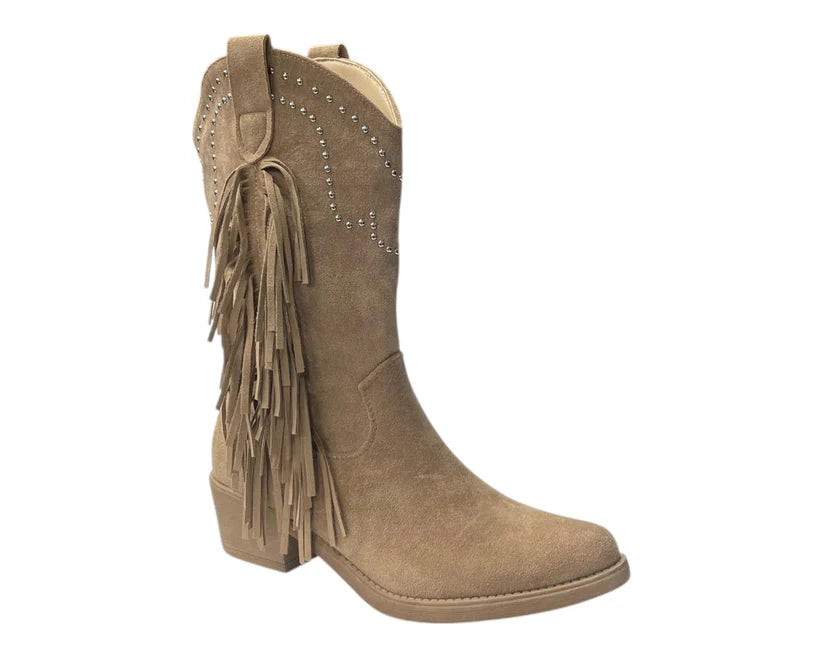 Mid Calf Stud Fringe Faux Suede Cowboy Boots
