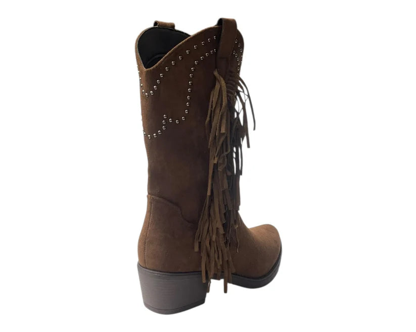 Mid Calf Stud Fringe Faux Suede Cowboy Boots
