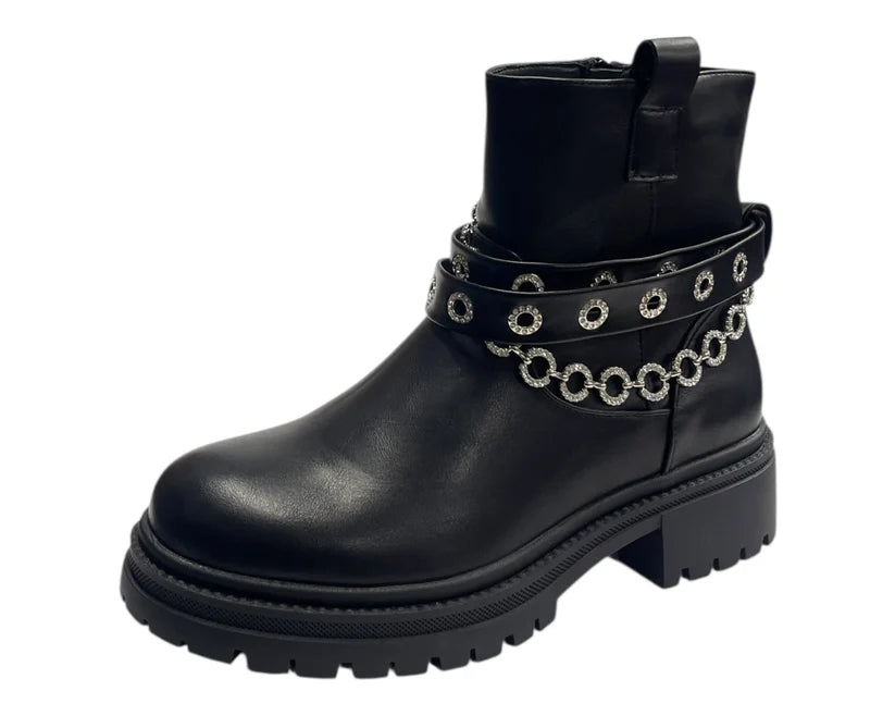 Zip-Up Faux Leather Boots with Chunky Sole and Sparkling Rhinestones