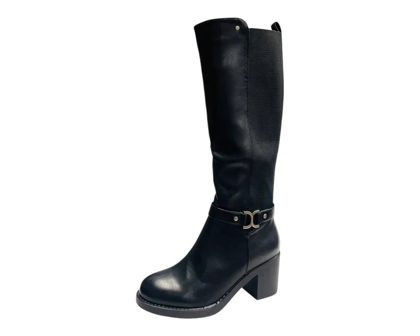 Faux Leather Stretch Panel Zip Knee High Boots