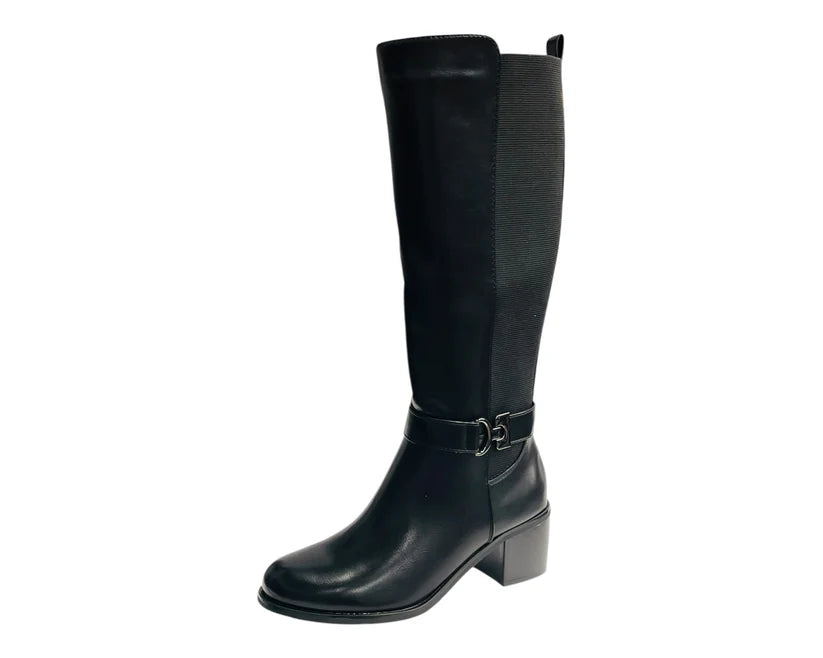 Faux Leather Elastic Panel Zip Knee High Boots