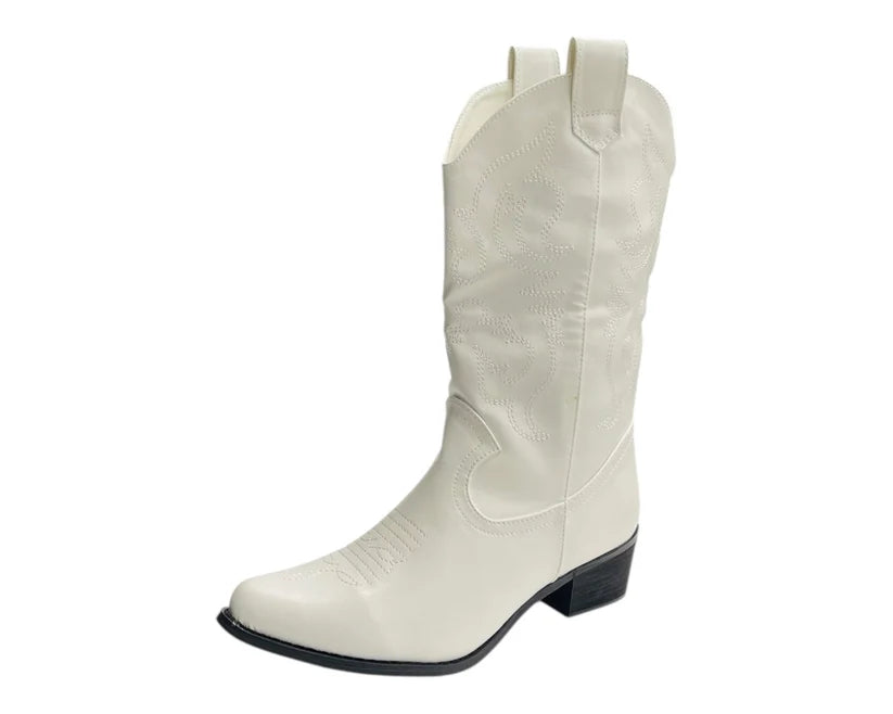 Mid Calf Embroidered Faux Patent Leather Cowboy Boots