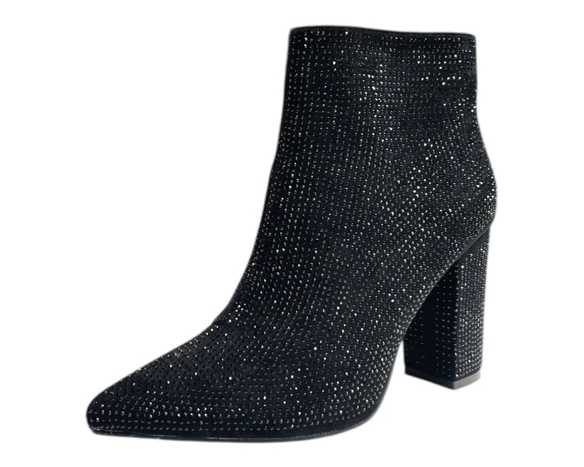 Pointed Toe Block Heel All Over Diamante Zip Ankle Boots