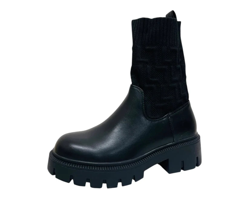 Chunky Sole Faux Leather Knit Ankle Boots