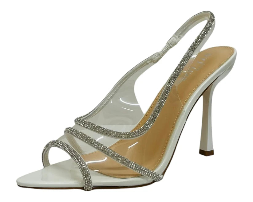 Women's Ankle Strap Rhinestone Stiletto Heel Shoes Beige