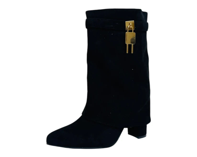 Faux Suede Fold Over Padlock Ankle Boots
