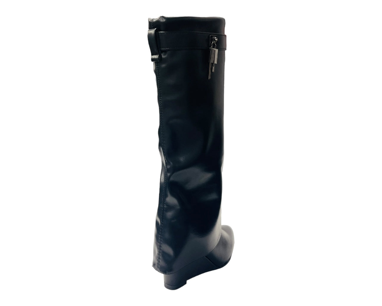 Faux Leather Fold Over Wedge Heel Boots