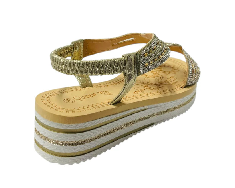 Women's Elastic Ankle Strap Diamante Wedge Sandals