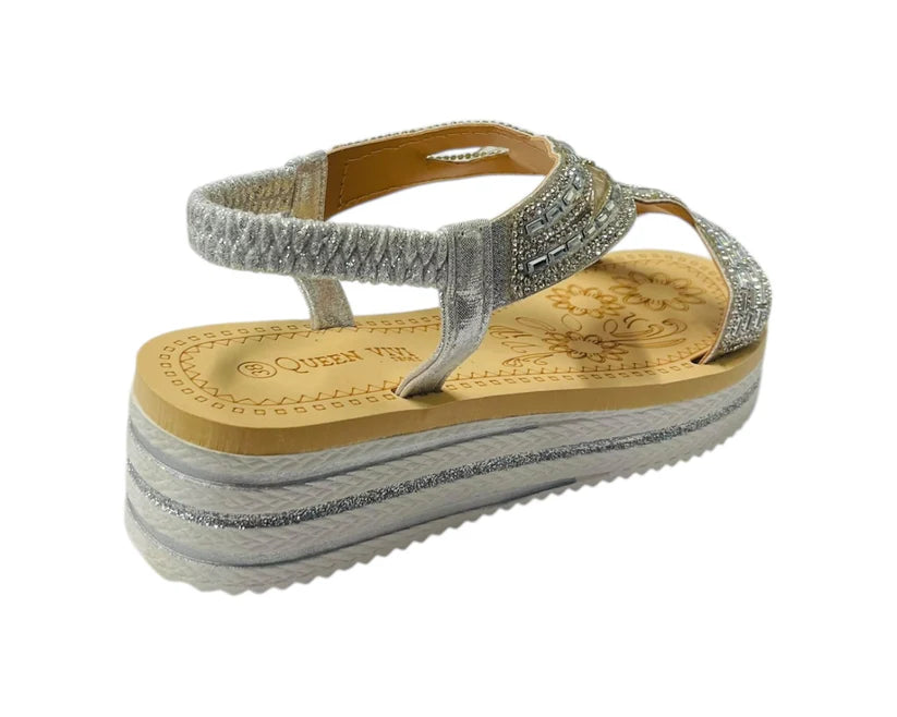 Women's Elastic Ankle Strap Diamante Wedge Sandals