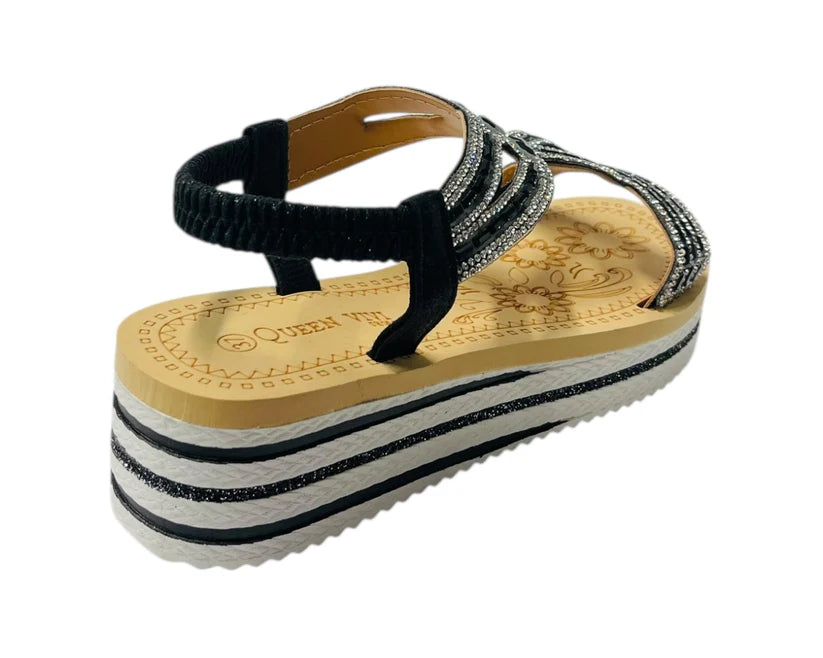 Women's Elastic Ankle Strap Diamante Wedge Sandals