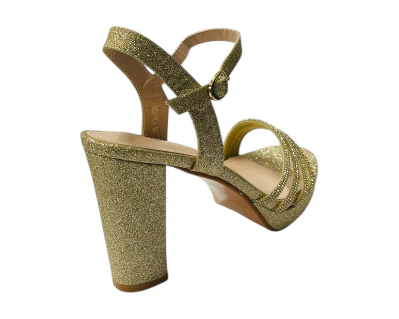 Diamante Block Heel Glitter Ankle Strap Shoes