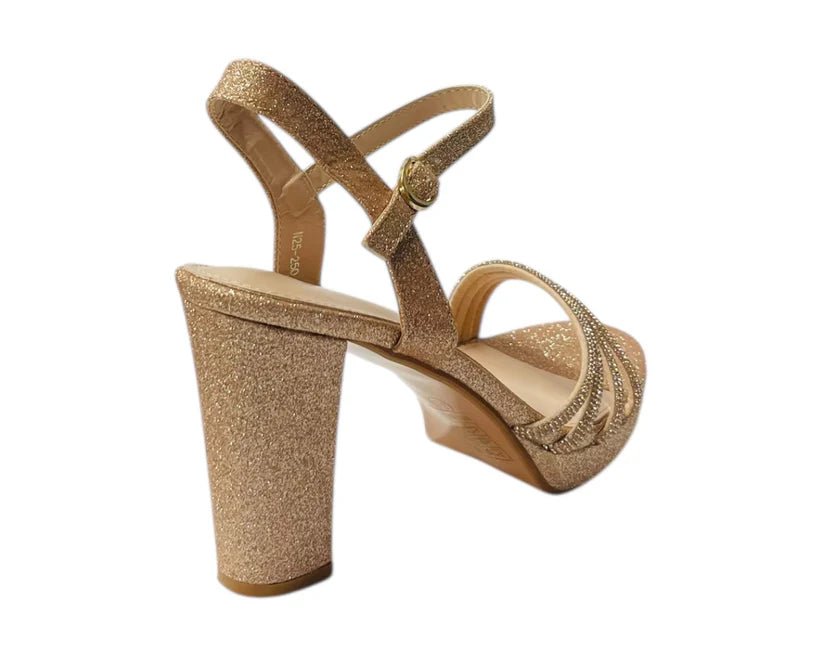 Diamante Block Heel Glitter Ankle Strap Shoes