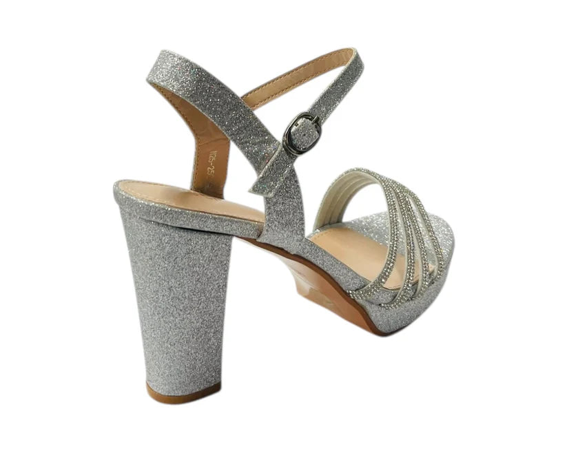 Diamante Block Heel Glitter Ankle Strap Shoes