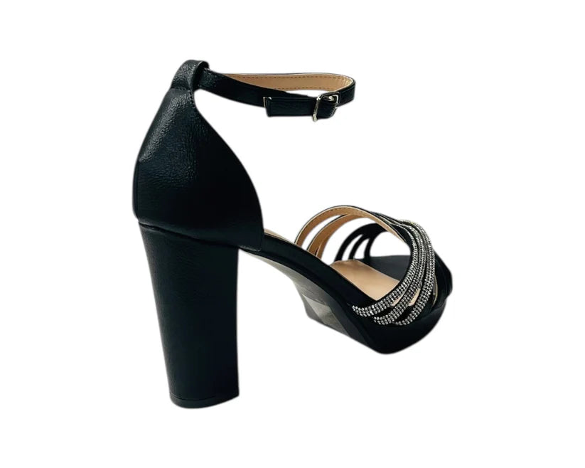 Diamante Block Heel Glitter Crossover Strap Shoes