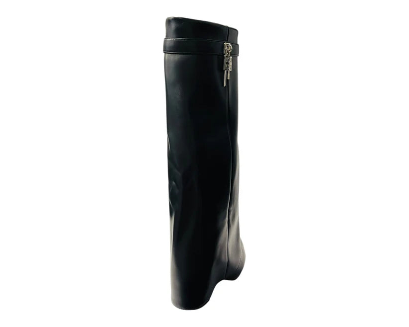 Fold-Over Knee-High Boots Featuring Padlock Accents and Block Heels