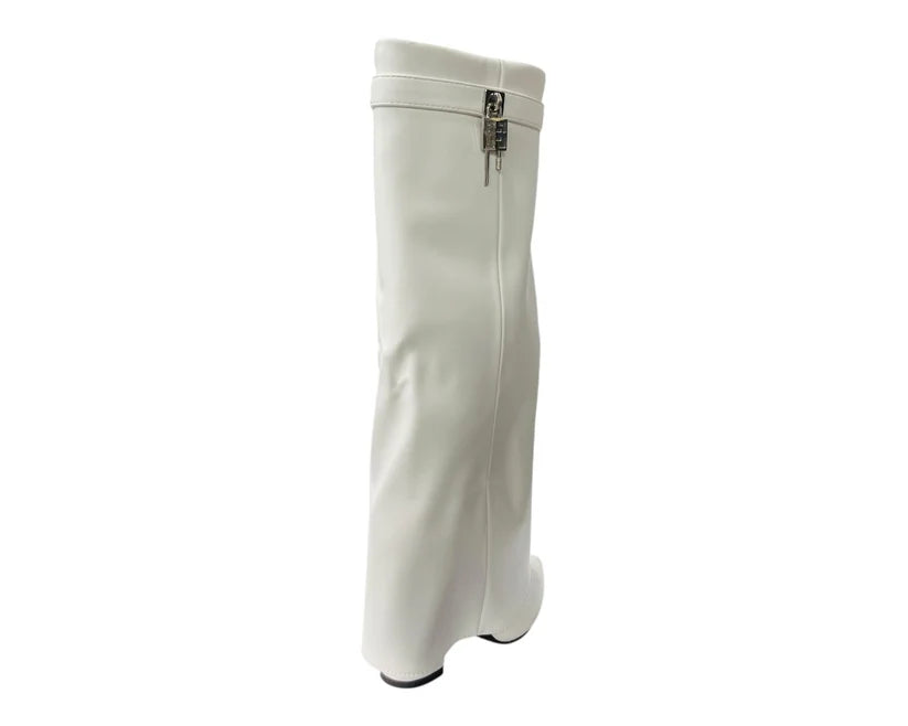 Fold-Over Knee-High Boots Featuring Padlock Accents and Block Heels