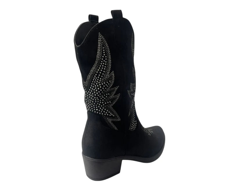 Embroidered faux suede cowboy-style ankle boots