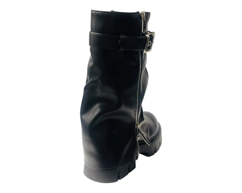 Mid-Calf Biker Boots with Chunky Soles, Zipper Closure, and Fold-Over Detail