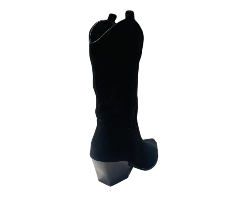 Mid Calf Embroidered Faux Suede Cowboy Boots