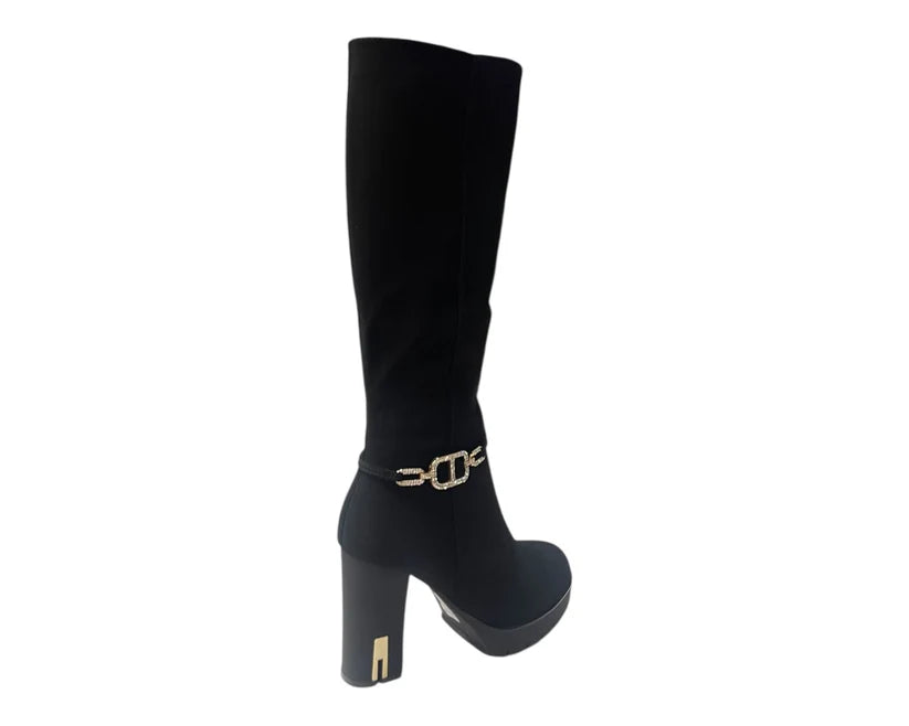Stylish Diamante Knee-High Boots with Block Heels and Zip Closure