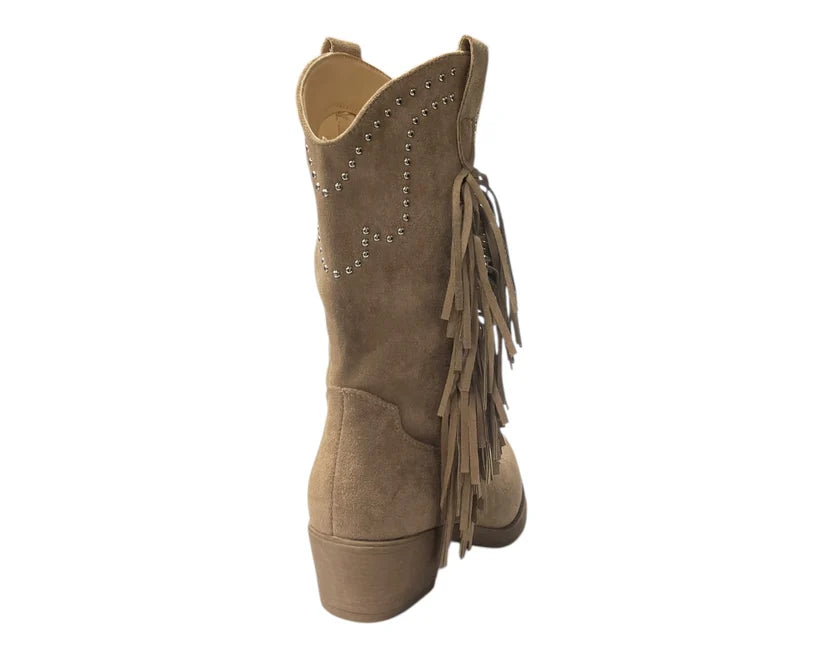 Mid Calf Stud Fringe Faux Suede Cowboy Boots