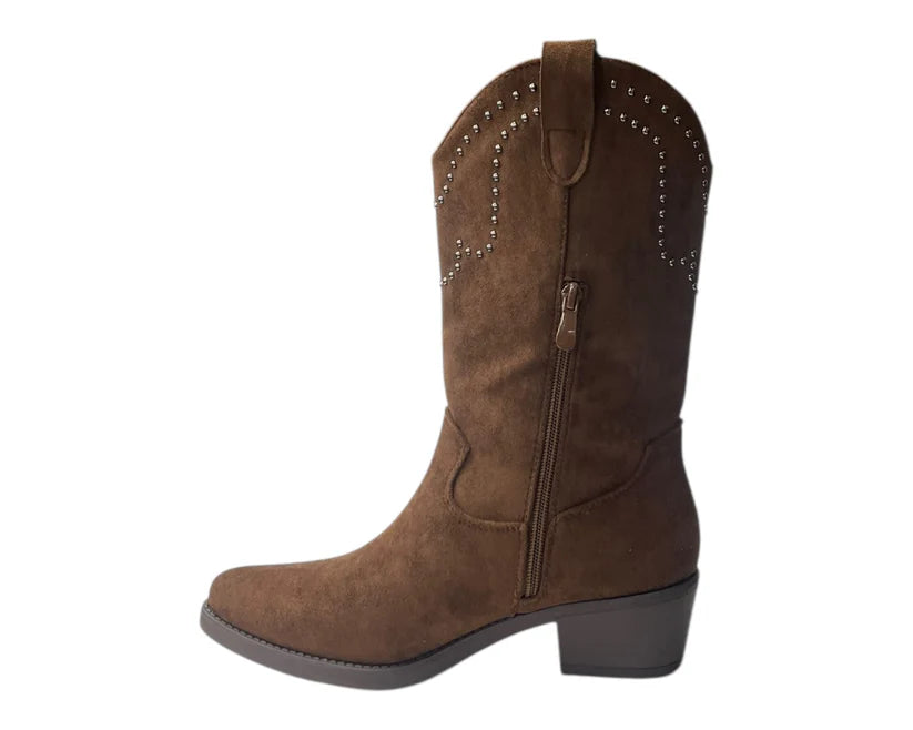 Mid Calf Stud Fringe Faux Suede Cowboy Boots